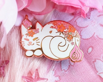 Sakura Bakeneko Cat Enamel Pin | Rose-Gold Plated Cherry Blossom