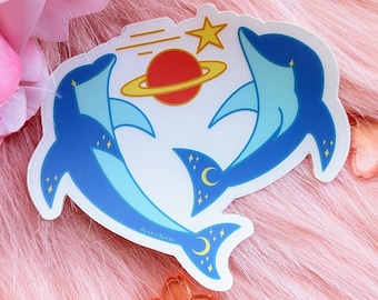 Vinyl Sticker (Clear) Retro Space Bottlenose Dolphins