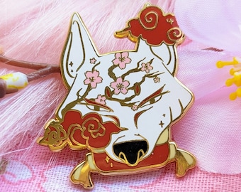 Sakura Kitsune Fox Enamel Pin | Gold-Plated Cherry Blossom