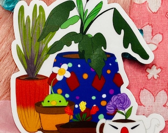 Korpokkur, Moogle and house plants clear vinyl sticker | FFXIV | Monster Stationary | Strawborble