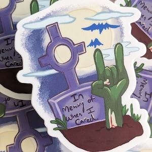 In Memory of When I Cared Zombie Graveyard White Vinyl Sticker | Strawborble| Spooky Sticker