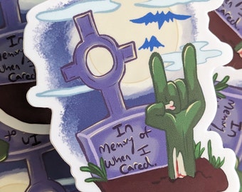 In Memory of When I Cared Zombie Graveyard White Vinyl Sticker | Strawborble| Spooky Sticker
