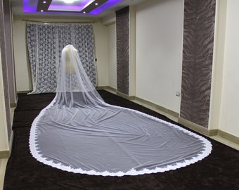 Bridal Long Veil Lace Trim, Royal 10 ft lace veil, 35 ft Royal veil, Mantilla lace veil, Long Bridal Veil, White 10 Meters Veil for bride