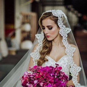 Veil Mantilla , Bridal Lace veil, Bridal veil lace trim, custom cathedral veil, ivory lace veil, church veil, Fingertip Veil