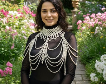Handmade Pearl Body Chain, Bridal Wedding Cape Jewelry