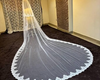 Voile de mariée bord de dentelle à deux niveaux, voile de mariage 2 couches avec dentelle, voile de dentelle ivoire en tulle dou