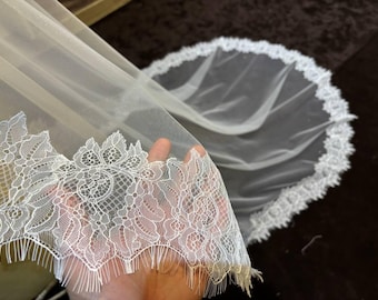 koninklijke sluier met kam, champagne Kant trim sluier, mantilla witte sluier, blusher witte sluier, vingertop Donker ivoor sluier kam,
