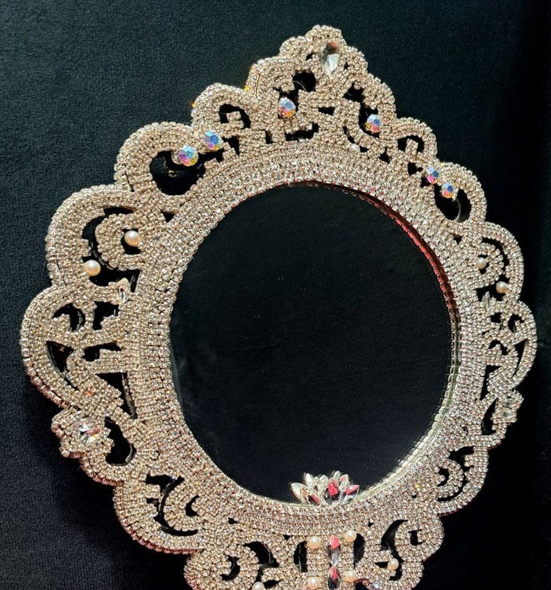 Vintage hand mirror, French Hand Mirror, Hand-mirror Framed in rhinestones, Baroque hand mirror with handle, Antique vanity decor image 2
