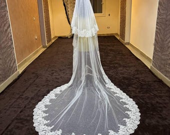 Voile de mariée pailleté, voile brillant 2 couches bord de dentelle, voile pailleté double épaisseur, voile brillant 2 couches, voile blush 2 couches en dentelle pailletée