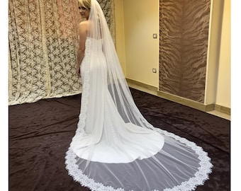 Chantilly Lace Veil, White French Bridal Veil, 1 tier veil lace edge