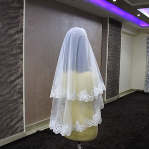 bridal veil lace Fingertip, Blusher 2 layers veil, White veil 2 layers Lace Edge, Lace cathedral veil, 2 Layers chapel veil lace trim