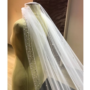 bridal Veil Rhinestones cathedral, white Veil pearls Edge, silver Beads rhinestones veil, beaded veil, royal rhinestones Veil for Bride
