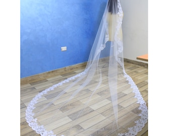 Mantilla One tier Lace Veil, cathedral lace veil, Mantilla lace edge veil, white chapel veil, floor length veil, lace edge veil