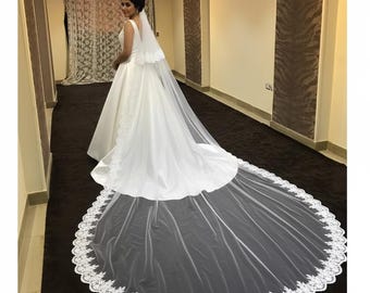 Lace Wedding Veil with Blusher, Two Tier Soft Tulle, Custom Veil, White veil 2 tiers lace trim