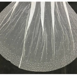 wedding veil with pearls Edge, Bridal veil with two sizes of pearls, 1 Single layer Veil 120'' length white color veil, Pearls veil