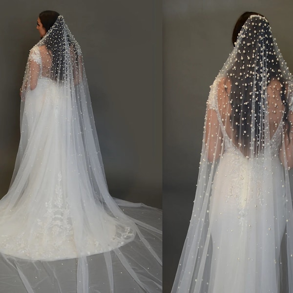Bridal Veil With Pearls, Beaded veil with two sizes of pearls, Single layer Beaded Veil, Heavy Pearls Beaded Veil for bride