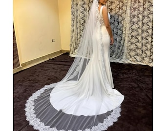 Chantilly Lace Cathedral Wedding Veil, One Layer Drop Veil, Mantilla 1 tier veil