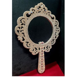 Vintage hand mirror, French Hand Mirror, Hand-mirror Framed in rhinestones, Baroque hand mirror with handle, Antique vanity decor image 1