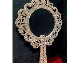 Vintage hand mirror, French Hand Mirror, Hand-mirror Framed in rhinestones, Baroque hand mirror with handle, Antique vanity decor