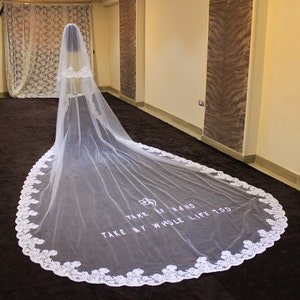 Lace Bespoke Veil Embroidery, Church Veil for Bride, Lace embroidery veil,  simple monogram veil, Bride word Veil For wedding