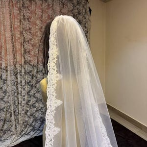 bridal Veil lace edge, Veil 1 tier lace trim, Veil one tier royal lace, white lace veil, champagne Veil With lace,top gathering Veil