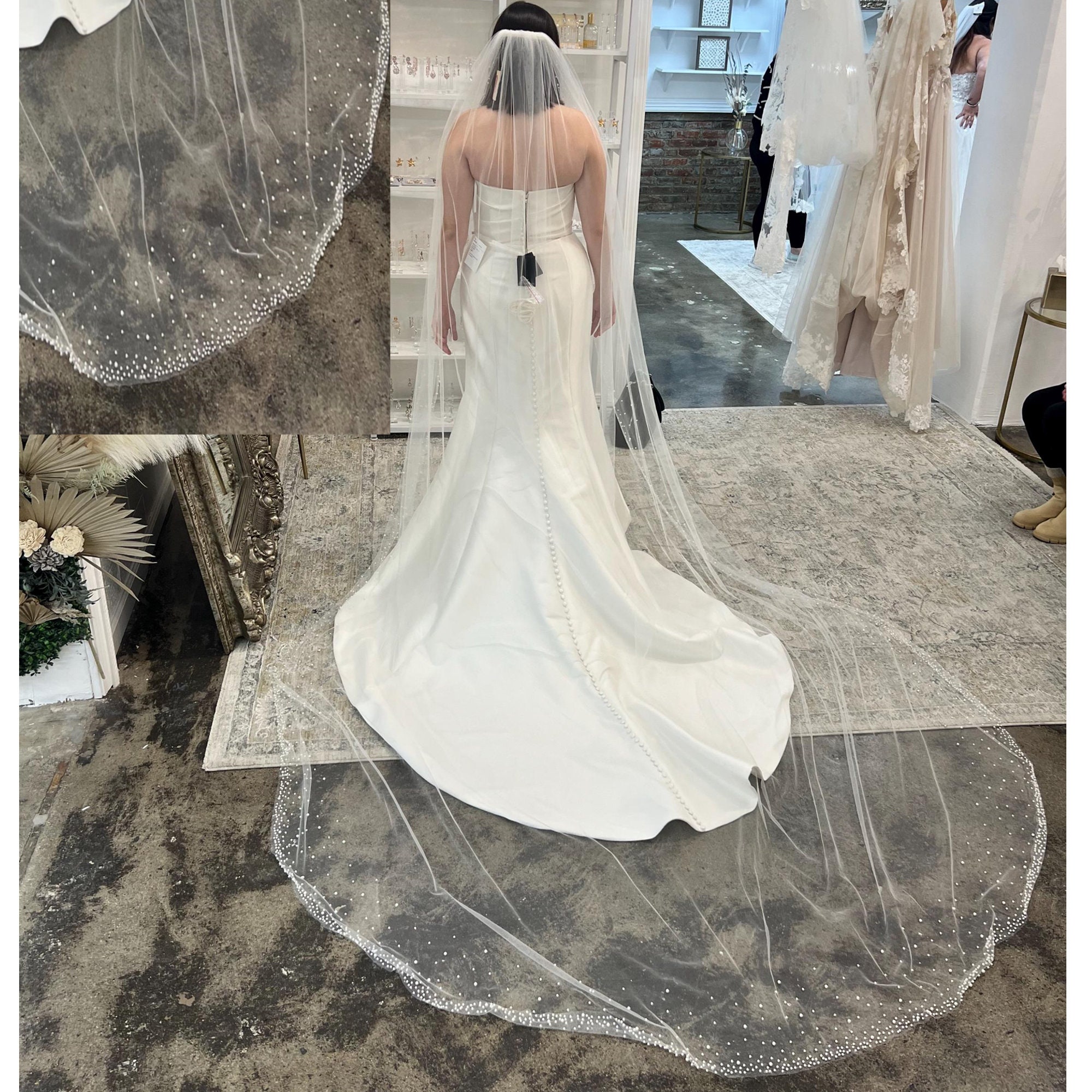 Veil with pearl trim Monica – Crystal and pearl edge cathedral veil with - Free  main image 2