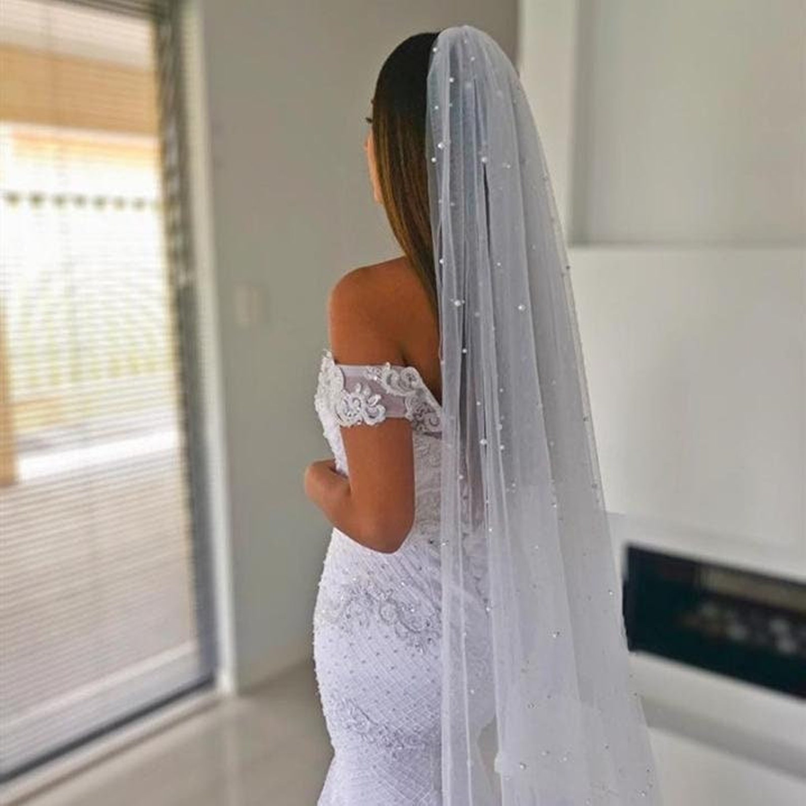 Pearl Wedding Veil Pearl Bridal Veil Scattered Pearl Wedding Etsy