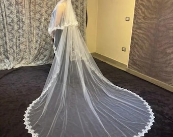 Lace Edge Two Tier Wedding Veil, Soft Tulle Bridal Veil, White Veil blusher lace trim