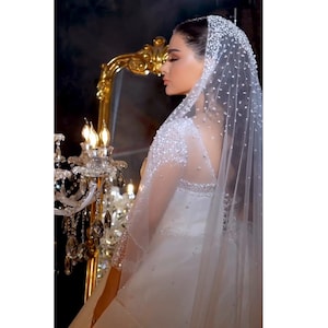 Beaded pearls veil, Crystals Wedding Veil, bridal veil with beads, pearls Veil with Rhinestones, Bridal Veil with beads and pearls