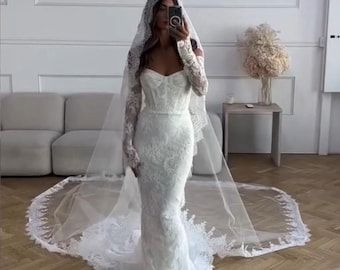 Velo de novia con encaje de mantilla, velo catedral blanco, velo de encaje color marfil, velo de mantilla con caída, velo de encaje de una sola capa, velo de encaje de capilla, velo personalizado