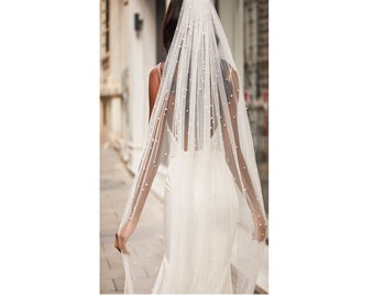 Velo de novia con cuentas de 2 niveles, velo de marfil con cuentas, velo de cuentas de un nivel, velo de cuentas blancas, velo de novia con