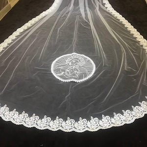 bespoke veil, Virgin Mary Embroidery veil, Wedding Veil with lace, customized veil with the embroidery Name, Veil With Letters and photo