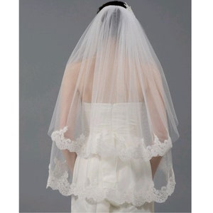 bridal veil Blusher, Veil lace Two Layers, Mantilla Veil Wedding, Veil With lace edge, Lace Veil Fingertip length, church Veil with Blusher