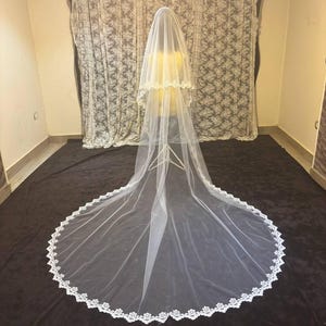 bridal veil 2 layers lace, Veil Two tiers lace edge, 2 Layers veil with lace trim, soft tulle lace veil, two layers lace blusher veil