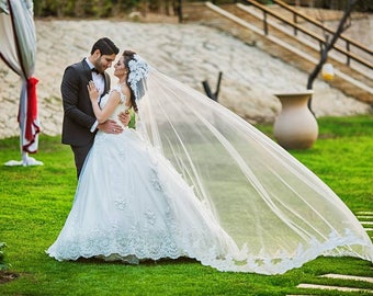 Mantilla Lace Veil, Wedding Veil lace trim, cathedral Lace veil, ivory Lace veil, lace mantilla veil, unique Lace veil, two tier lace veil