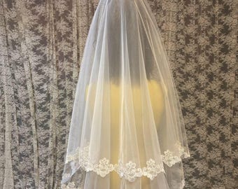 bridal veil with blusher, Wedding Veil Two tiers lace edge, Veil 2 Layers lace trim, soft tulle lace veil, two layers lace blusher veil