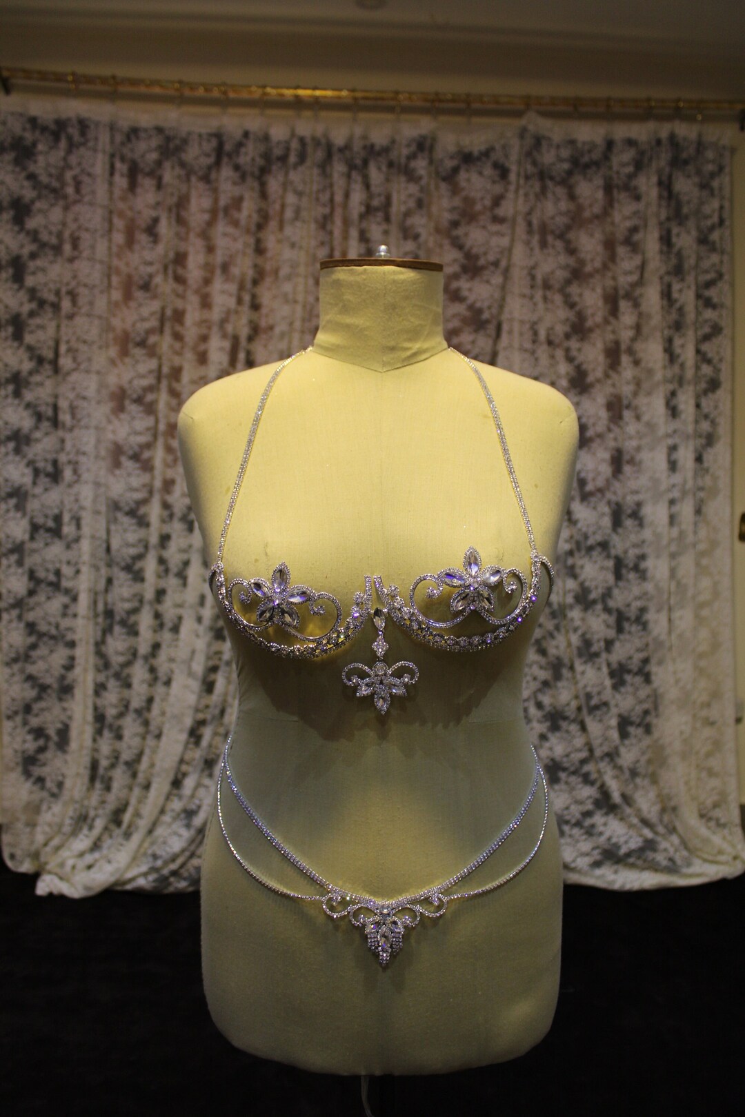 Silver Bodysuit, Rhinestones Body Chain Dress, Rhinestone Set Bralette