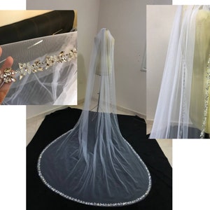 Bridal Veil with rhinestones, Wedding Veil Crystals Edge, Veil With silver Beads and rhinestones, shinny Veil for bride