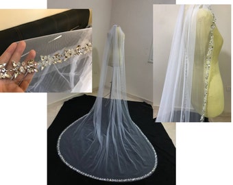 Bridal Veil with rhinestones, Wedding Veil Crystals Edge, Veil With silver Beads and rhinestones, shinny Veil for bride