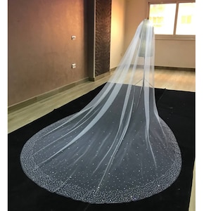 Bridal rhinestones veil, wedding Veil with beads edge, Rhinestones Veil trim, Veil with rhinestones and pearls, silver Beads royal Veil