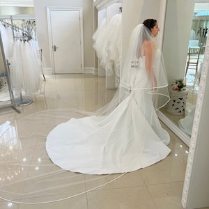 bridal Veil with Satin ribbon, Wedding Veil with Double Tier, Bridal Veil 2 Tier ribbon edge, Fingertip veil satin edge, cathedral veil