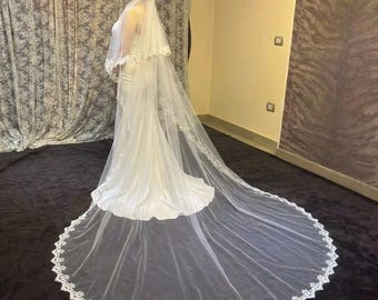 bridal veil 2 layers lace, Veil Two tiers lace edge, 2 Layers veil with lace trim, soft tulle lace veil, two layers lace blusher veil
