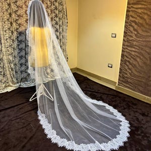 Chantilly mantilla veil cathedral, mantilla wedding veil, French lace drop veil, Chantilly lace edge veil, Veil one layer lace edge