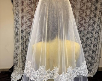 bridal veil with blusher, Bridal Veil Two tiers lace edge, Veil 2 Layers lace trim, White lace veil, two layers lace veil,  blusher veil