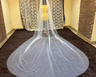 Puede incluir: Un velo de novia blanco con una cola larga y una dispersión de pequeñas cuentas transparentes. El velo está hecho de un tejido suave y transparente y es perfecto para una ceremonia de boda.