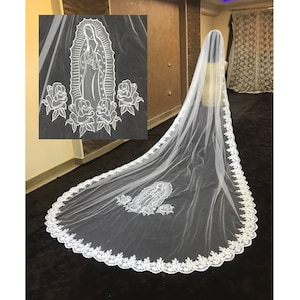 Velo de novia con borde de encaje de dos niveles, velo de novia de 2 capas con encaje, de tul suave, velo de novia blanco de encaje con cuen