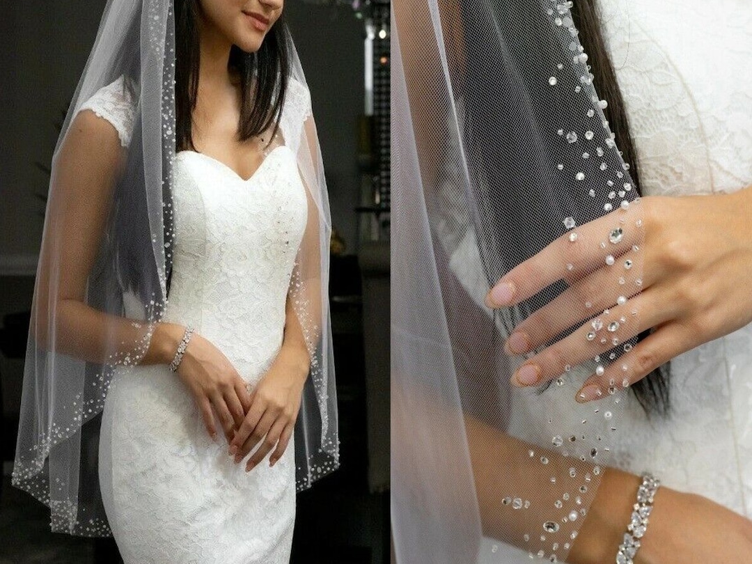 Bridal Veil With Rhinestones, Beaded Bridal Veil With Crystals Edge