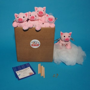 Plush Flying pig making kits come with 5 plush pigs stuffing adoption certificates and wishing stars.