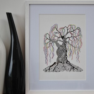 Tree of Life - Black and White Pen and Ink Illustration - Framed Print with Painted Abstract Colourful Dots taken from an Original artwork