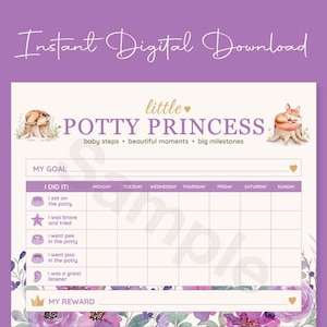 May include: A potty training reward chart titled Little Potty Princess with a weekly grid, goal and reward lines, decorated with watercolor illustrations of a sleeping fawn and fox on tree stumps, and purple floral accents at the bottom.